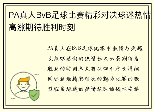 PA真人BvB足球比赛精彩对决球迷热情高涨期待胜利时刻