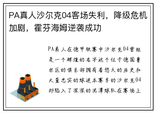 PA真人沙尔克04客场失利，降级危机加剧，霍芬海姆逆袭成功