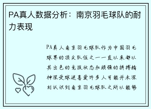 PA真人数据分析：南京羽毛球队的耐力表现