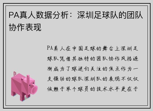 PA真人数据分析：深圳足球队的团队协作表现