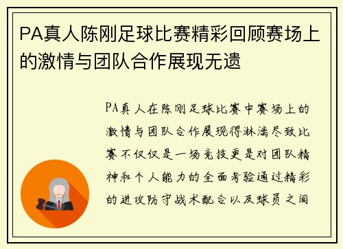 PA真人陈刚足球比赛精彩回顾赛场上的激情与团队合作展现无遗