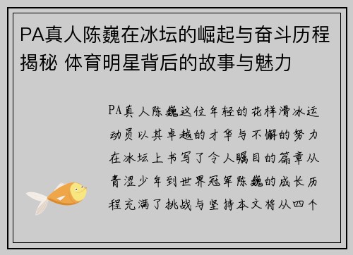 PA真人陈巍在冰坛的崛起与奋斗历程揭秘 体育明星背后的故事与魅力