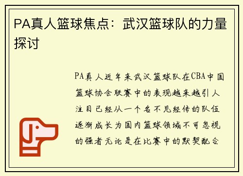 PA真人篮球焦点：武汉篮球队的力量探讨