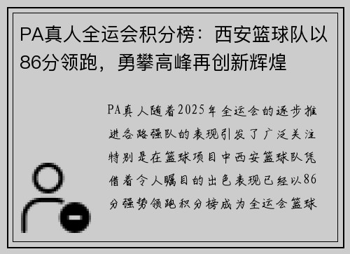 PA真人全运会积分榜：西安篮球队以86分领跑，勇攀高峰再创新辉煌