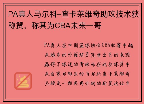 PA真人马尔科-查卡莱维奇助攻技术获称赞，称其为CBA未来一哥