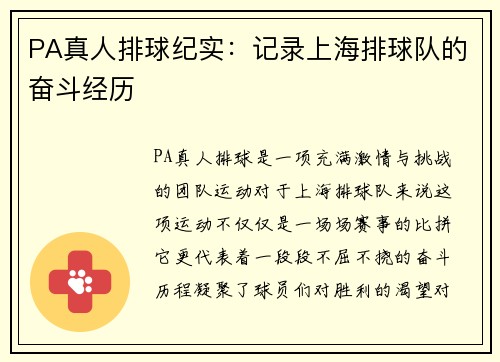 PA真人排球纪实：记录上海排球队的奋斗经历
